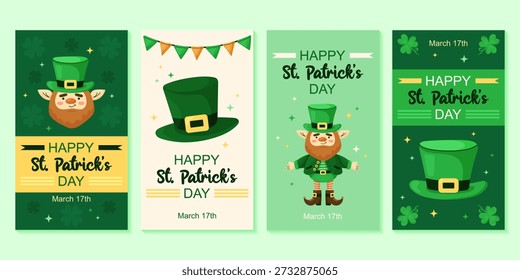 Saint Patricks Day 4 templates for stories collection. Cute leprechaun and hat top. Hand drawn vector illustrations. Posters, greeting card and banners for Irish national holiday.
