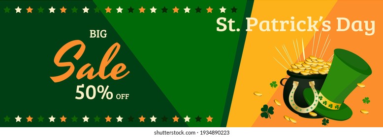 Saint Patrick's Day 50 percent sale template for banner, poster with horseshoe, hat, black pot with gold coins on green,orange and yellow background