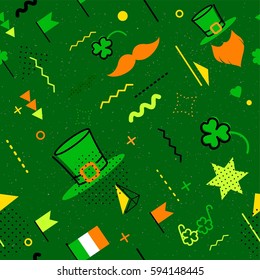 Saint Patrick`s day abstract background in 80s memphis style. Seamless memphis pattern for posers and cards. Hipster poster, juicy, bright color background. Vector illustration