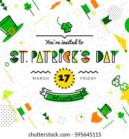 Saint Patrick`s day abstract background in 80s memphis style. Hipster poster, juicy, bright color background. Vector illustration