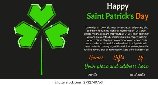 Anuncios del día de San Patricio Anuncio de Vector. Horizontal Anuncio de San Patricio con efecto Glitch de moda y trébol de trébol de textura grunge y audaz mensaje de vacaciones. EPS 10