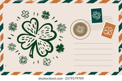 Saint Patricks Day, air mail, Postcard, hand drawn illustration	