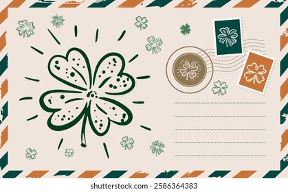 Saint Patricks Day, air mail, Postcard, hand drawn illustration	