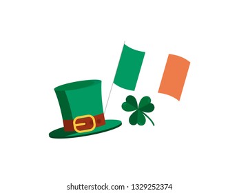 Saint Patrick's day attributes, Shamrock, irish hat and flag 