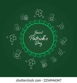 saint patricks day background with bottle cap, shamrock, hat and glass of beer