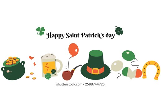 Saint patrick's day background, card, banner witn beer, green hat, coins, horseshoe, clover