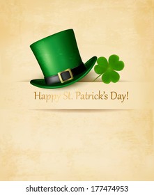 Saint Patrick's Day background with clove leaf and green hat. Vector illustration. 