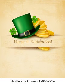 Saint Patrick's Day background with clover leaves, green hat and gold coins. Vector illustration. 