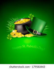 Saint Patrick's Day background with clover leaves, green hat and gold coins in a cauldron. Vector illustration. 