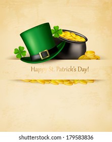 Saint Patrick's Day background with clover leaves, green hat and gold coins in a cauldron. Vector illustration. 