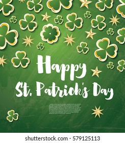 Saint Patrick's Day Background with Clover Leaves and Golden Stars. Vector Illustration.