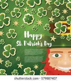 Saint Patrick's Day Background with Clover Leaves, Golden Stars and Leprechaun. Vector Illustration.