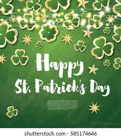 Saint Patrick's Day Background with Clover Leaves, Neon Lights and Golden Stars. Vector Illustration.