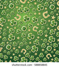 St. Patrick's Day Hintergrund mit Klee, goldenen Sternen und Hufeisen. Vektorgrafik.