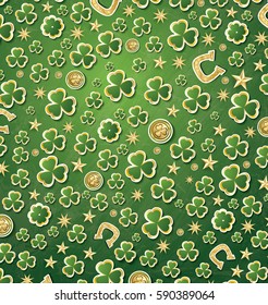 Saint Patrick's Day Background with Clover, Coins, Golden Stars and Horseshoe. Vector Illustration.