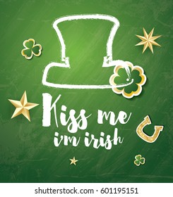 Saint Patrick's Day Background with Clover Leaves, Horseshoe and Golden Stars. Vector illustration.