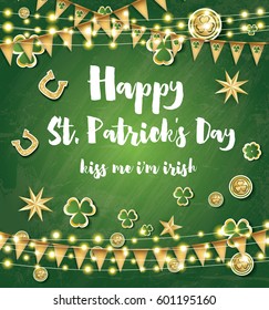 Saint Patrick's Day Background with Clover Leaves, Neon Lights and Golden Stars. Vector illustration.