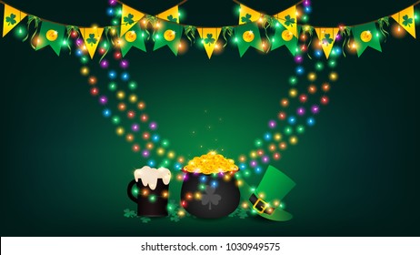 Saint Patrick's Day background contains rainbow fairy lights tie up around a pot of gold coin, top hanging bunting and holding string lights ,beer and green top hat be side a black pot over shamrock
