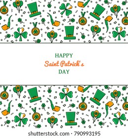 Saint Patrick's Day background decorated with flat color line icons - shamrock, hat, pipe, medal, balloons. St. Patrick holiday banner, card template, invitation, wallpaper concept in linear style.