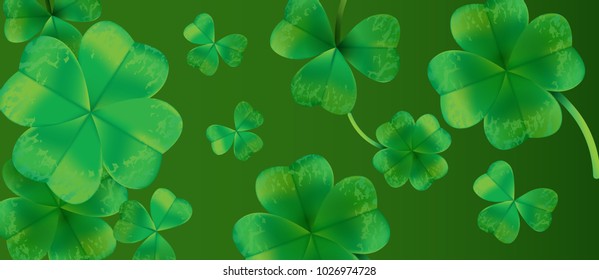 Saint Patricks Day Background Design with Green Falling Clovers Leaf. Irish Lucky Holiday Vector Illustration for Greeting Card, Party Invitation or Promo Banner. Vector Illustration.