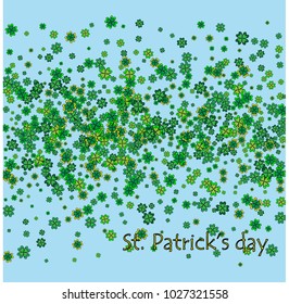 Saint Patricks Day Background Design with Green Falling Clovers Leaf. Irish Lucky Holiday Vector Illustration for Greeting Card, Party Invitation or Promo Banner. Vector Illustration.