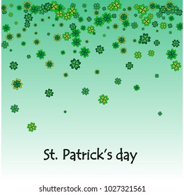 Saint Patricks Day Background Design with Green Falling Clovers Leaf. Irish Lucky Holiday Vector Illustration for Greeting Card, Party Invitation or Promo Banner. Vector Illustration.