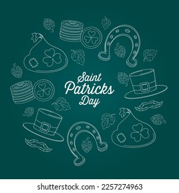 saint patricks day background with elements of bag with gold, gold coins, horseshoe and hat with mustaches