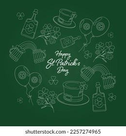 saint patricks day background with elements of shamrock, drink in the bottle, beer and cups, hat and balloons