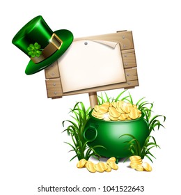 Saint Patricks Day background with empty paper blank on wooden signboard in grass, green hatwith clover leaf and green pot full of gold coins. Vector illustration.