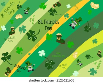 Día de San Patricio. Fondo en forma de franjas verdes con elementos: trébol, zapatos con monedas, gnomos.