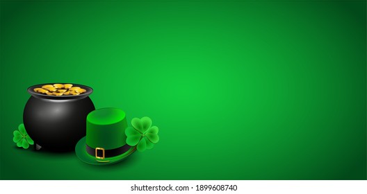 Saint patricks day background with gold pot, shamrocks and leprechaun hat