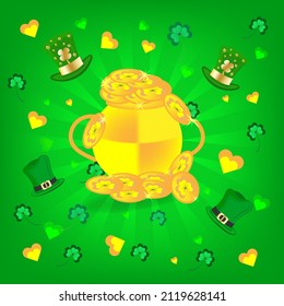 Saint Patrick's Day background with gold coins pot, Saint Patrick's Hat in green background