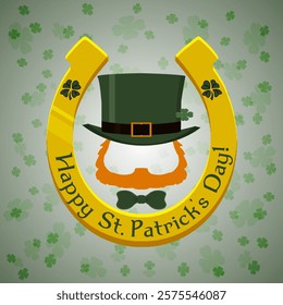 Saint Patrick's Day background with golden horseshoe, leprechaun in green hat, red beard and no face. Festive design for St. Patrick's Day. Vector illustration.