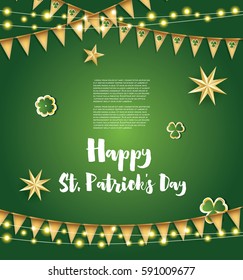 Antecedentes del Día de San Patricio con Banderas de Oro, Estrellas y Hojas de Tronco. Ilustración vectorial.