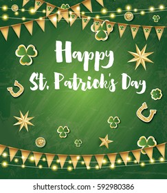 Saint Patrick's Day Background with Golden Flags, Stars and Clover Leaves. Vector Illustration.