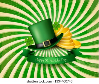 Saint Patrick's Day background with a green hat and gold coins. Vector illustration. 
