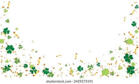 Fondo de día de San Patricio con hojas de trébol verde y confeti de oro elemento de celebración de marco de vacaciones