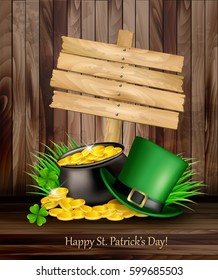 Saint Patrick's Day background with a green hat and gold coins in a cauldron. Vector illustration. 