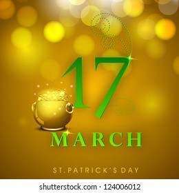 Saint Patrick's Day background or greeting card with golden pot over golden background. EPS 10.