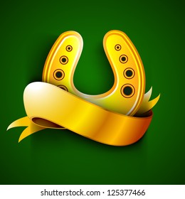 Saint Patrick's Day background or greeting card with golden horseshoe and ribbon on green background. EPS 10.