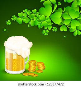 Saint Patrick's Day background or greeting card with shamrocks, gold coins and beer mugs on green background. EPS 10.