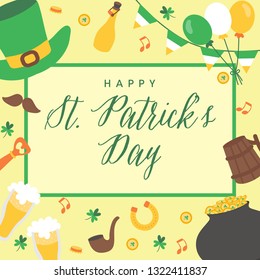 Saint Patrick's Day Background Hand Drawn.Irish music, leprechaun hat,flags, beer mugs, pot of gold coins. Vector -illustration