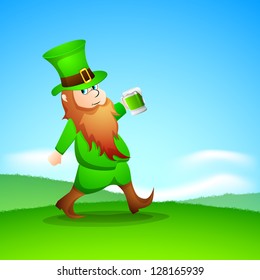 Saint Patrick's Day background with happy leprechaun drinking green beer.