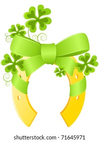 Saint Patrick's Day background with horseshoe and four leaf clover