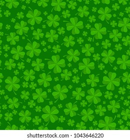 Saint Patricks day background with lucky clover leaves or shamrocks on green, seamless pattern. Vector illustration.