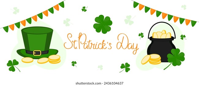 Saint Patrick's Day background. March 17. Clover, shamrock, coins, beer, hat, pot, flags. Template for banner, greeting card, brochures, flyers, and poster. 