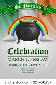 saint patrick's day background with pot and rainbow. st. patrick's day poster with cauldron and irish flag