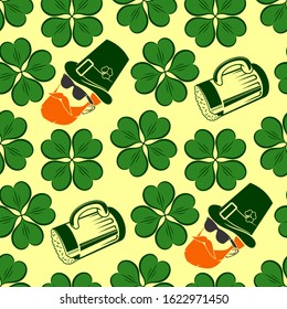 Saint Patrick's day background, seamless pattern with Clover leafs, Leprechaun and Beer mugs.