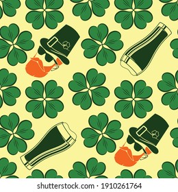 Saint Patrick's day background, seamless pattern with Shamrock leaves and cool Leprechaun	