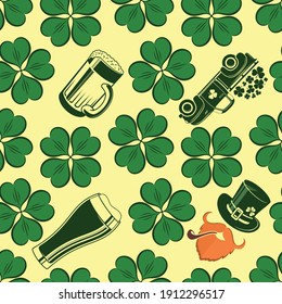 Saint Patrick's Day Background, Seamless Pattern With Shamrock Leaves, Leprechaun, Vintage Truck And Beer Glass